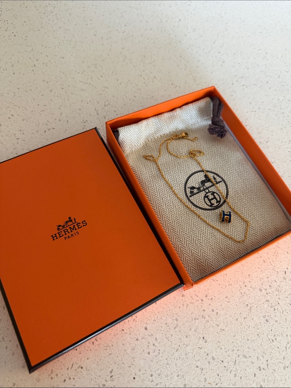 Hermes Gold H Pendant Necklace with Navy Accent